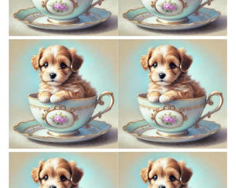 Cachorro en taza. Papel de arroz para decoupage: hoja de collage tamaño A4.