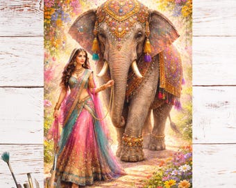 Indian Elephant Rice Paper for Decoupage, Colorful Watercolor Elephant & Indian Girl, Boho Festival Decor, 8407