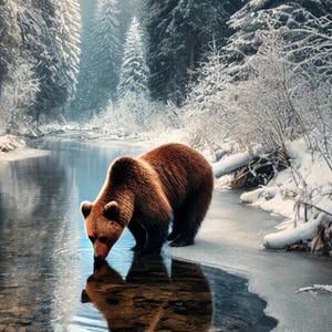 Oso pardo en un bosque nevado, papel de arroz para decoupage, papel para diario artístico, efímeras para álbumes de recortes, materiales para técnicas mixtas, decoupage de animales salvajes