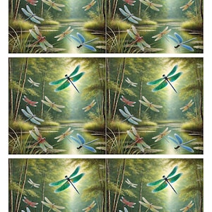 May include: A painting depicting a woodland scene with a stream flowing through it.  Numerous dragonflies are flying around the stream and amongst the trees.  The dragonflies are various shades of blue, green, and red.