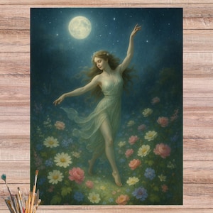 Papel de arroz con ninfas del bosque místicas bailando en un jardín iluminado por la luna, papel de decoupage con escena de bosque de hadas, papel artesanal caprichoso de luna llena 4605