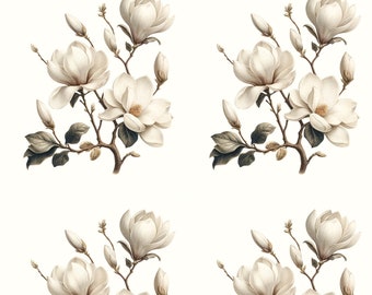 May include: A digital illustration of white magnolia flowers with green leaves on a white background.