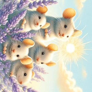 Famille de souris au champ de lavande - Papier de riz pour découpage Artisanat Scrapbooking Collage Junk Journal Techniques mixtes 1 A4 Taille Standard Nouveau