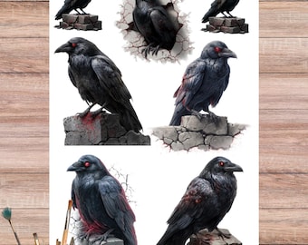 Papel de arroz Cuervo gótico – Papel de decoupage de Halloween embrujado – Cuervo espeluznante con ojos rojos para manualidades, scrapbooking y decoración DIY 4972