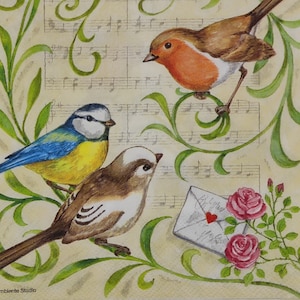 Serviette en papier décorative oiseaux chanteurs pour projets de bricolage de collage de découpage. 3 serviettes en papier individuelles pour le déjeuner, matériaux mixtes, Ephemera Decopatc