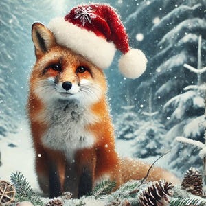 May include: A red fox wearing a Santa hat sits in a snowy woodland setting. The fox is surrounded by pine branches, pine cones, and red berries.
