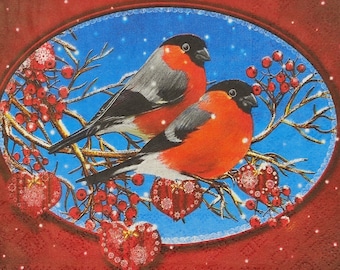 Red Robin Paper Napkins: Winter Birds on Branch, Decoupage Craft (4 ct)