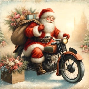Papá Noel en motocicleta, papel de arroz para decoupage, papel Art Journal, papel de arroz navideño, diseño único, materiales para técnicas mixtas, motocicleta