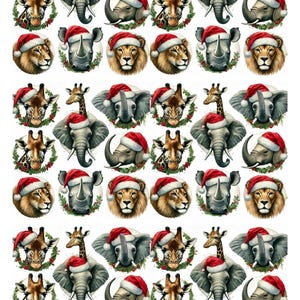 Animales de safari africanos con sombreros navideños, hermosa hoja de collage navideño tamaño A4, papel de arroz de primera calidad para decoupage, papel para manualidades, material efímero