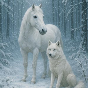 Caballo blanco y lobo blanco en un bosque nevado sobre papel de arroz A4, Escena invernal encantada, Papel artesanal con fauna invernal, Nieve mágica, N.° 4451