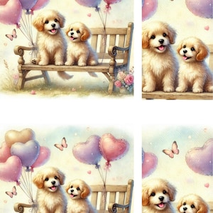 Papel de arroz con perros lindos en un banco, papel para decoupage para el día de San Valentín, suministros para manualidades románticas, papel de arroz con globos de corazón rosa, álbumes de recortes, ARTE