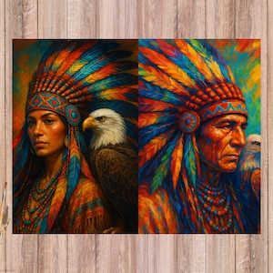 May include: A colourful painting depicting two Native American portraits, each adorned with ornate headdresses of vibrant feathers. One portrait includes an eagle. The artwork is rich in blues, oranges, and reds.