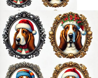 Gorro navideño de perro Basset en papel de arroz para decoupage: Arte para álbumes de recortes