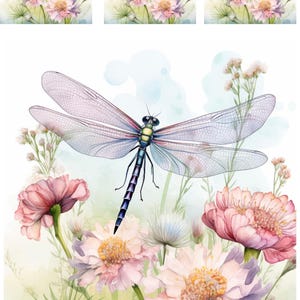 Papier de riz floral printanier et libellule, feuille de découpage pastel vintage, papier de découpage libellule vintage, papier artisanal jardin printanier / Nr 4217