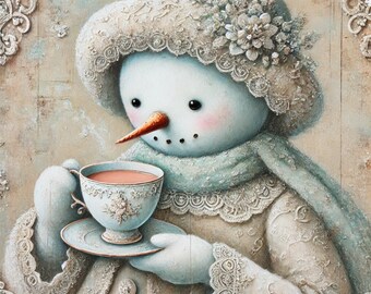 Snowman Drinking Tea Rice Paper: A4 Decoupage Sheet