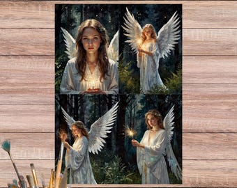 May include: A framed art print featuring four panels of angelic figures with white wings and flowing white gowns, holding candles and sparks in a forest setting. The artwork is set against a wooden background with scissors and paintbrushes.