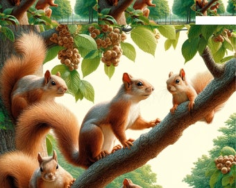 Squirrels on Branch Rice Paper: Decoupage, Scrapbooking (A4 Sheet)
