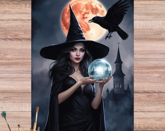 Gothic Witch Rice Paper for Decoupage , Beautiful Witch with Crystal Ball, Raven & Castle Gate Halloween Sheet, 5090