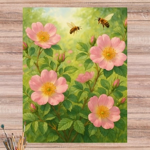 工芸品用の植物の野バラとミツバチのライスペーパー、ミツバチと咲くバラの花柄のシート、スイートブライアーのアートワーク、家具のプリント4590