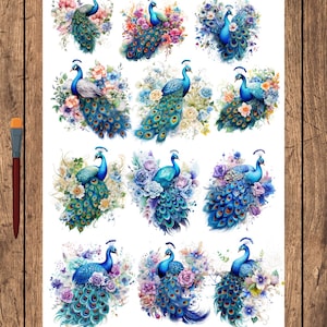 Collage floral de pavo real 1 A4, papel de arroz para decoupage, papel para decoupage, diario artístico, papel para diario basura, materiales para técnicas mixtas