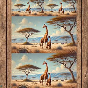 Jirafas sobre papel de arroz de sabana, collage de papel con jirafas en un paisaje africano, papel artesanal con animales salvajes, manualidades de safari, papel para decoupage de África