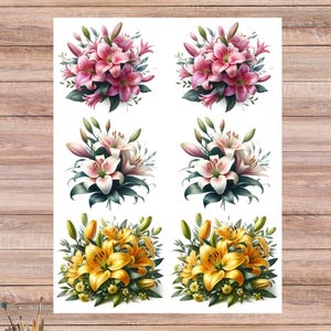 Papel de arroz con lirios de colores para decoupage, Collage floral con lirios, Papel artesanal con vibrantes flores de lirio, Impresión floral A4, Arte floral, N.° 4551