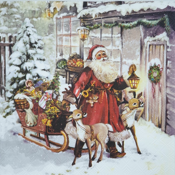 Christmas Presents Santa Paper Napkin For Decoupage Scrapbooking Collage Card Making. 4 Individual Lunch Napkins Serviettes Mix Media Crafts