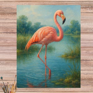 Papel de arroz con flamenco rosa fotorrealista para decoupage, Hoja de manualidades con pájaro sereno, Impresión elegante de pájaro acuático A4, Arte de paisaje tranquilo n.° 4613
