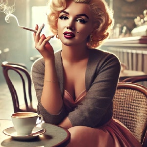Reispapier für Decoupage, Marilyn Monroe beim Kaffeetrinken Fullbild, 1 A4 Standard Bogen, Maulbeerreispapier, Scrapbooking, Collage