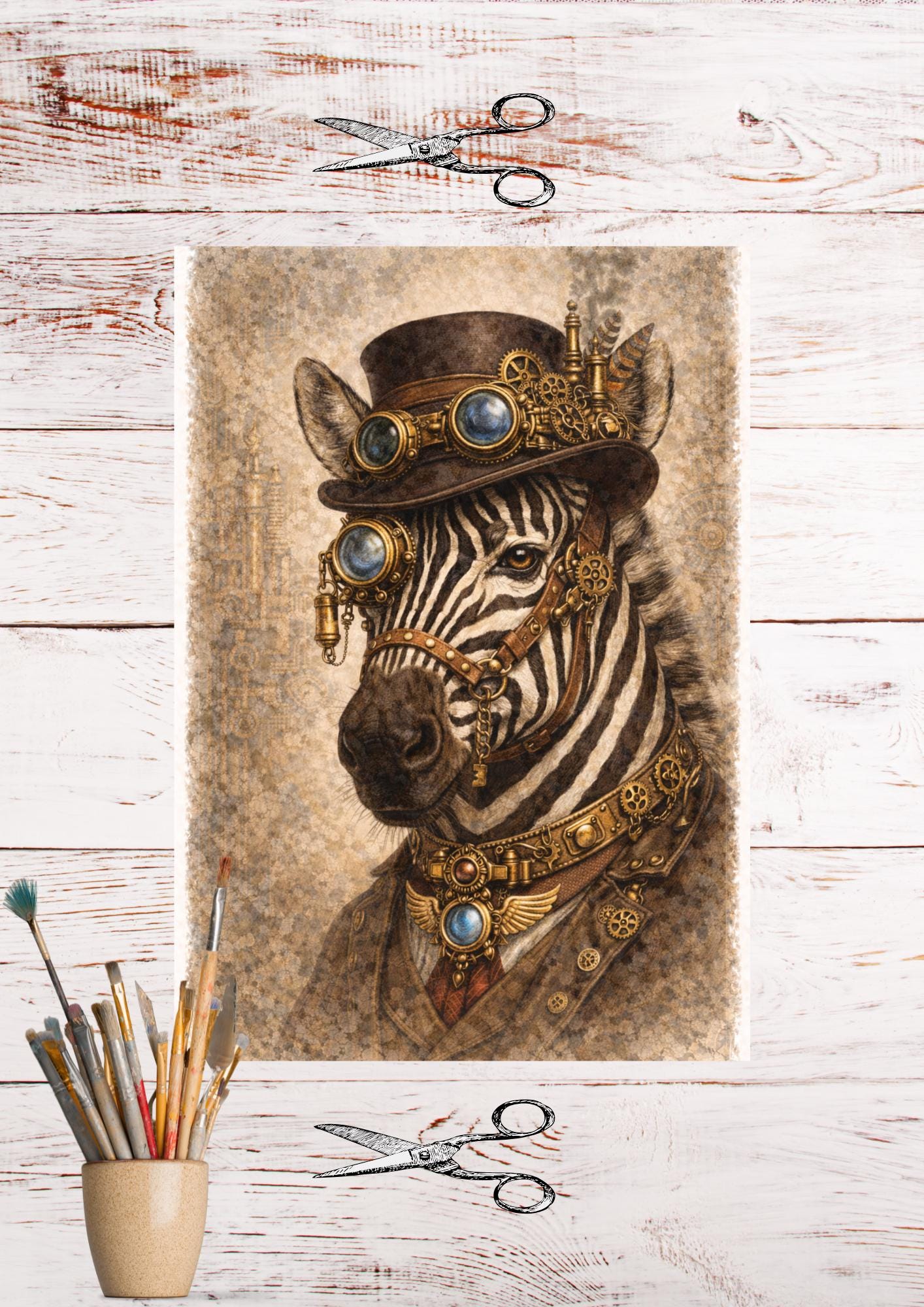 Steampunk Zebra Rice Paper for Decoupage ,A4 Vintage Animal