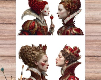 Puede incluir: Una impresión que presenta cuatro retratos de mujeres reales con atuendos ornamentados en rojo y dorado, cada una adornada con coronas y peinados elaborados. La obra de arte incluye pintura facial en forma de corazón y un cetro, sobre un fondo blanco.