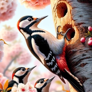 Rice Paper for Decoupage, Woodpecker On Cherry Tree Full Picture, Mixed Media Supplies, Junk Journal, Mulberry Rice Paper, Ephemera, 1 A4