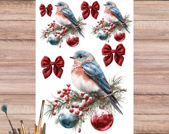 Winter Blue Bird on Snowy Birch Rice Paper for Decoupage - Christmas Ornaments Craft Sheet - 5365