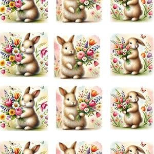 Reispapier für Decoupage, Osterhase mit Blumen, Kraftpapier mit Frühlingskaninchen, Aquarell Osterhase, Osterfeier