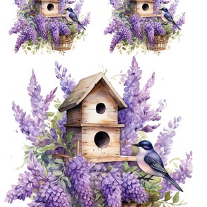 Papel de Arroz para Decoupage, Serenidad Primaveral: Pájaro Cantor y Casa Nido Floreciente sobre Papel de Arroz, Delicadas Flores Primaverales Moradas, N.° 4346