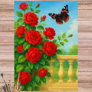 Papel de arroz con rosas trepadoras rojas y mariposas, Hoja A4 floral de balaustrada de jardín para decoupage, Diseño romántico de rosas rojas para efímeras, N.° 4653