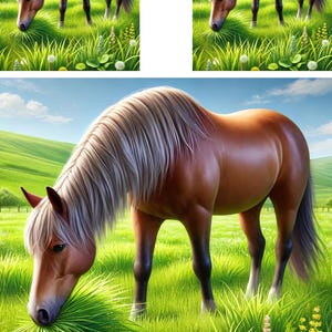 Pferd grast auf Frühlingswiese, A4 High Quality Reispapier für Decoupage, Bastelarbeiten, Shabby Chic Dekoration, Frühlingswiese