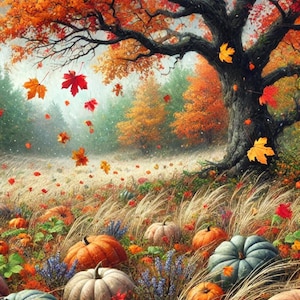 Papel de arroz para decoupage: Árbol otoñal y calabazas: Paisaje otoñal (A4)