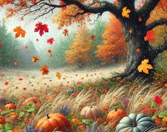 May include: A large tree with red and orange leaves stands in a field of tall grass. The ground is covered in fallen leaves and pumpkins of various colors and sizes. The scene is a beautiful depiction of autumn.