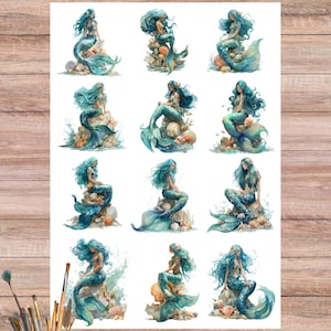 May include: A sheet of paper featuring twelve watercolor illustrations of mermaids. Each mermaid has flowing blue hair and a teal tail, posed on rocks and shells. The artwork is set against a white background, with scissors and paintbrushes visible.