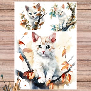 Aquarell weiße Katze sitzt auf dem Baum, Collage, Decoupage Papier, Katzenbild, Pastell Katze Bild für Wanddeko 4679