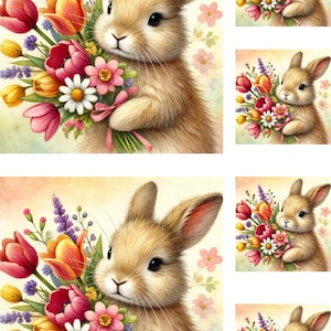 A4 Reispapier Osterhase mit Blumenstrauß, Osterpapier Handwerk, Dekorationen Zubehör, Frühlingshase Decoupage Papier