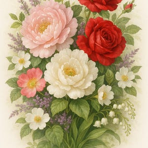 Papel de arroz para decoupage, ramo romántico de rosas y flores silvestres, arreglo floral shabby chic, estampado "Flower Cottage", n.° 4432