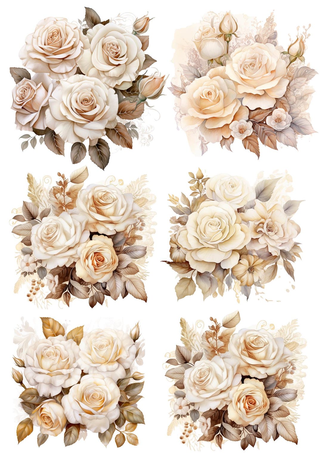 Boho Cream Roses Bouquets Collage Sheet A4, Premium Rice Paper for ...