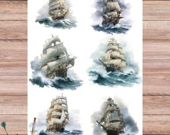 Stormy Sea Sailing Ship Rice Paper for Decoupage: Watercolor Nautical Art