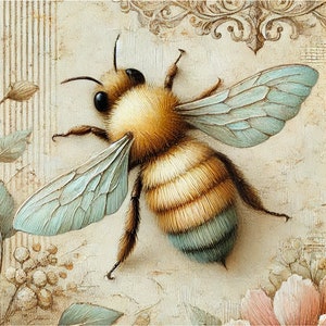 Abeja en estilo Shabby Chic, Papel de arroz para decoupage, Diario basura, Scrapbooking, Suministros de medios mixtos, Insecto, Motivo de abeja, VINTAGE