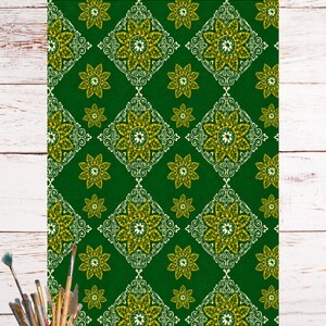May include: A rectangular sheet featuring a deep green background with a repeating pattern of white filigree diamond shapes enclosing yellow and gold floral motifs. Smaller yellow and gold star-shaped flowers are interspersed between the diamonds.