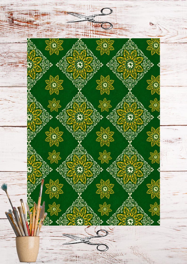 May include: A rectangular sheet featuring a deep green background with a repeating pattern of white filigree diamond shapes enclosing yellow and gold floral motifs. Smaller yellow and gold star-shaped flowers are interspersed between the diamonds.