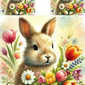 A4 Reispapier Osterhase mit Blumenstrauß, Frühlingskaninchen-Dekordruck, Ostern Decoupagepapier, Pastell Aquarell Frühlingsbastelpapier