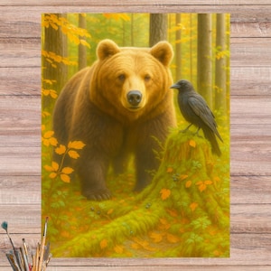 Ours brun et corbeau dans la conception de papier de riz de forêt d'automne, impression d'art de forêt d'automne rustique, papier artisanal de scène de forêt enchantée, n ° 4602